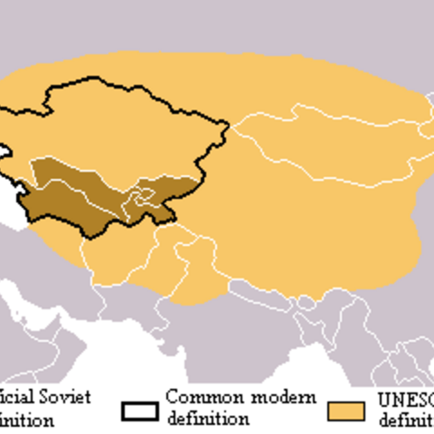 Map of Central Asia with borders representing different geographic definitions of Central Asia  