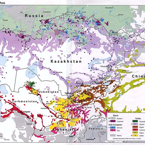 Map showing the geographic break up of ethicities in Central Asia  