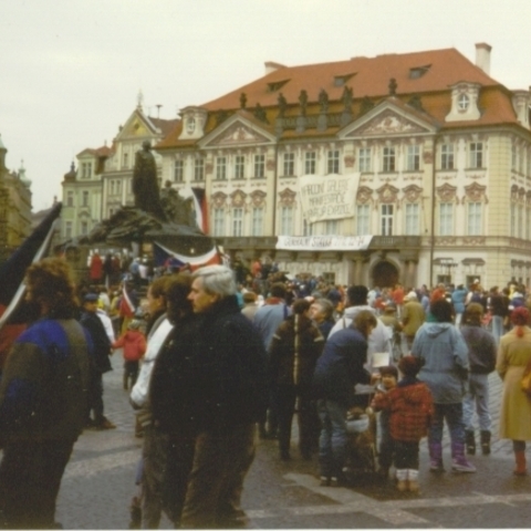 Prague's Old Town Square, November 1989 during the Velvet Revolution that ended Communist rule  