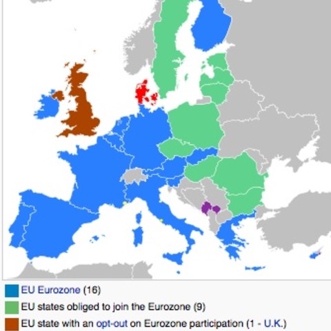 European Map showing the countries who have adopted the Euro  