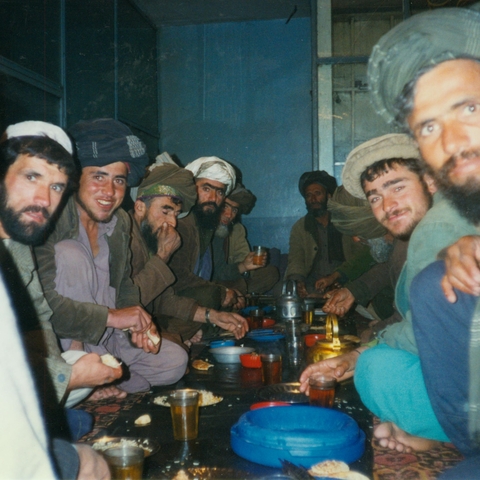 Afghan men at a restaurant in Mazar-i-Sharif, 1996  
