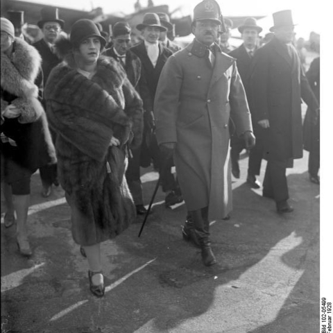 Queen Soraya Tarzi with her husband King Amanullah Khan at the Berlin airport, 1928. Soraya was an active champion of women's rights in Afghanistan, evidenced in her style of clothing.  
