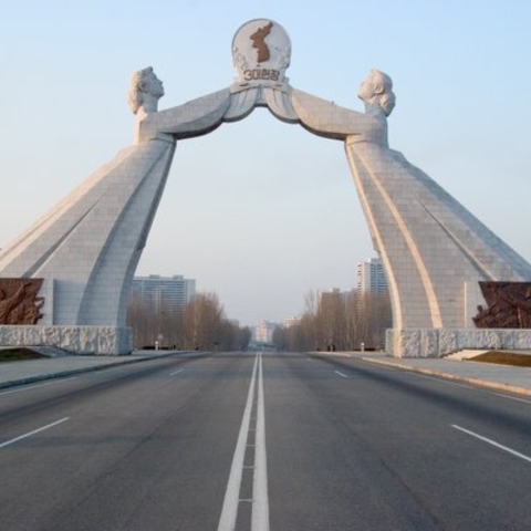 The Unification Monument in Pyongyang, celebrating Korean cooperation.