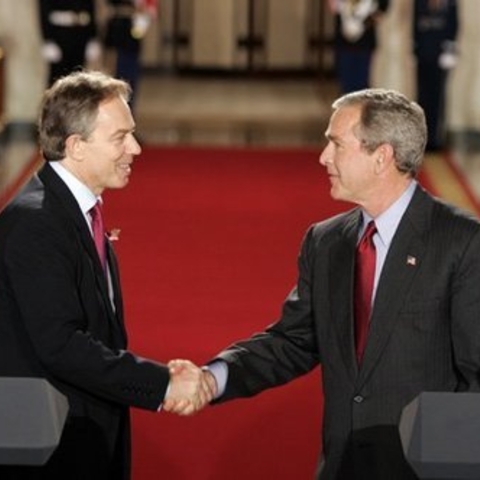British PM Tony Blair and U.S. President George W. Bush.