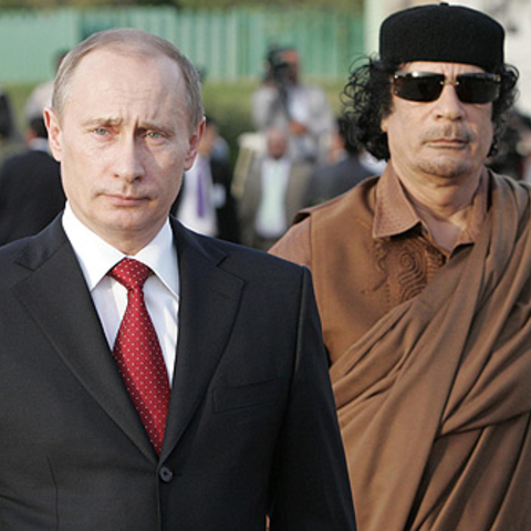 Libya's Muammar Gaddafi with Russian Leader Vladimir Putin, April 2008.