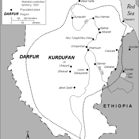 Political map showing the outline of the Mahdist State in Sudan at the end of the 19th century.