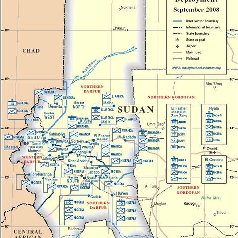 A map showing the strategic and regional reponsibilities of members of the UN/African Union Mission in Darfur (UNAMID).