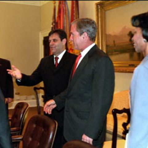 Then Presidents Vojislav Kostunica and George Bush with Secretary of State Condoleeza Rice meet during Koštunica's Presidency  