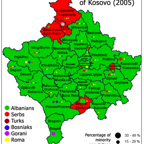 Kosovo Map, showing rough ethnic composition as of 2005  