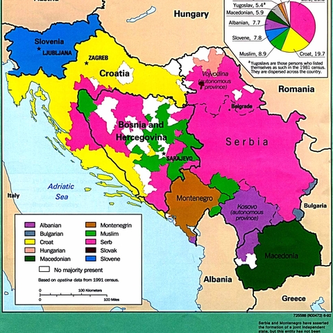 Map showing the percentages of ethnic majorities in former Yugoslavia, 1992.  