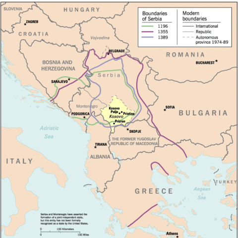 Map showing the historic borders of Serbia during the 20th century.  