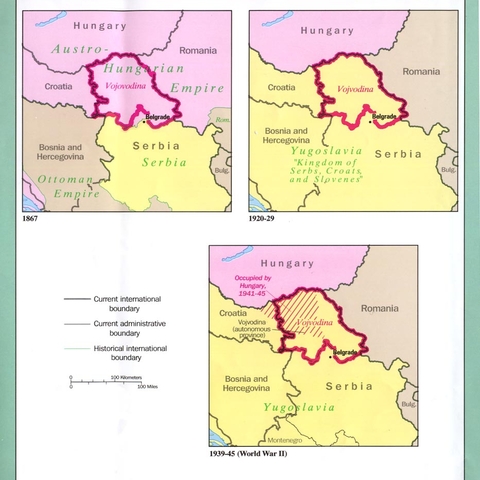A series of maps showing the evolution of Vojvodina in the northern Balkans.  