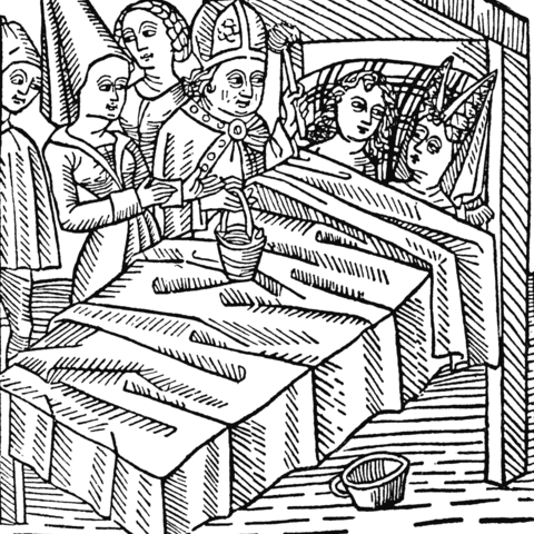 Woodcut from Germany-15th Century, caption reads "How Reymont and Melusina were betrothed/And by the bishop were blessed in their bed on their wedlock" 