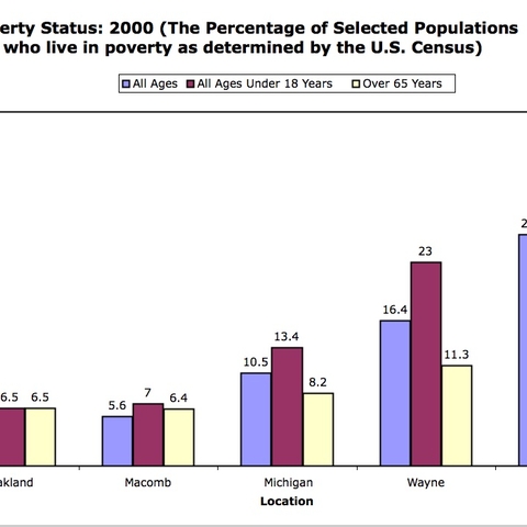 Percentage of those who live in poverty, by age, in Michigan, Detroit, and Detroit's three main counties, 2000.