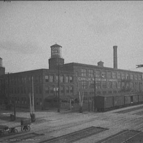 Cadillac main assembly plant at 450 Amsterdam Street and Cass Avenue in Detroit. The plant today lies within the New Amsterdam Historic District. (1910)  