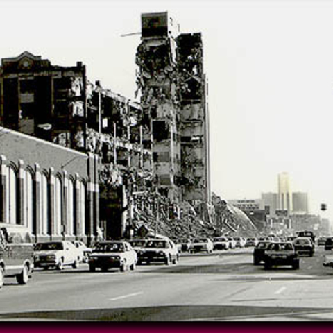 Uniroyal Plant on Jefferson Ave., demolished in the 1980s. The then newly built Renaissance Center towers are visible in the background  