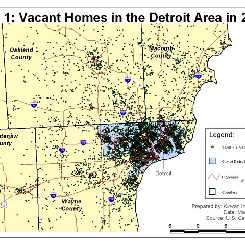 Detroit Map that shows the prevalence of vacant homes.
