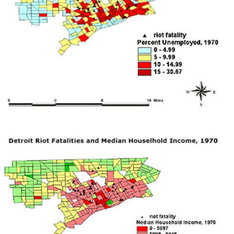 Detroit Maps comparing unemployment rates and income with the location of fatalities during the 1967 riots