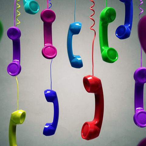 Multicolored hanging telephones
