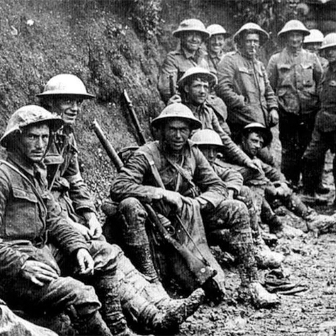 Royal Irish Rifles in foxhole at Battle of the Somme, 1916