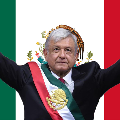 Andrés Manuel López Obrador in front of Mexican flag