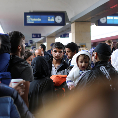 A crowd of Syrian refugees in the Vienna airport