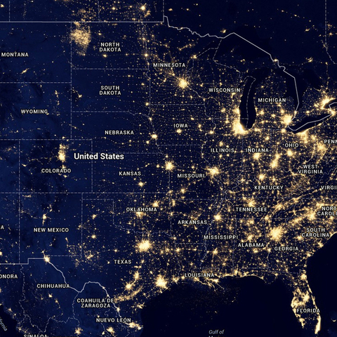 A map of the US night sky, showing points of population density