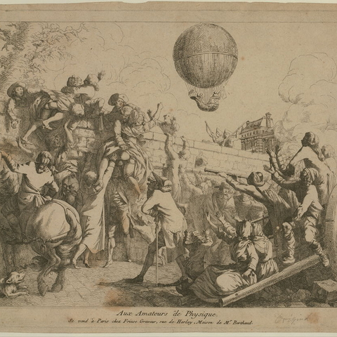 “Aux amateurs de physique.” Likewise portraying the Tuileries flight, this cartoon mocks the unwashed masses who wished to see the spectacle without a ticket, but the scaling of the garden walls also illustrates how the balloon as a “people-machine” ignited the determination of the poorer, disempowered social strata to overcome restraints imposed on them by the authoritarian regime.