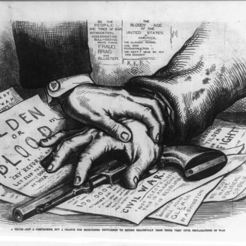 Tilden illustration - a hand on another hand that is on a gun on a table with papers