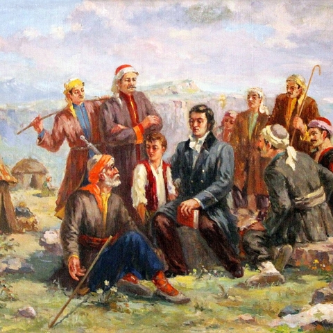 Abovian Among the Kurds, painting by Mkrtich Sedrakyan, 1950. (Image from author's personal collection, courtesy of the Khachatur Abovian House-Museum, Yerevan, Armenia.)