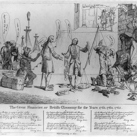 “The great financier, or British economy for the years 1763, 1764, 1765.” This British cartoon depicts the American colonies as a Native American woman, as juxtaposed to British officials and Britannia (far right), demonstrating the disconnect between the colonies and the metropole even though the colonists thought of themselves as full British subjects.