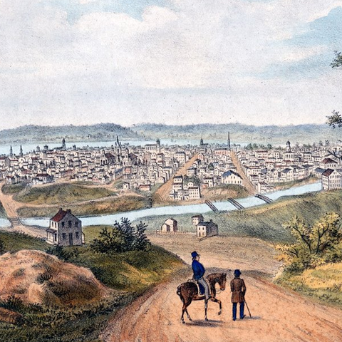 A view of Cinicinnati in 1841. The waterways that brought cholera to the city feature prominently in this depiction.