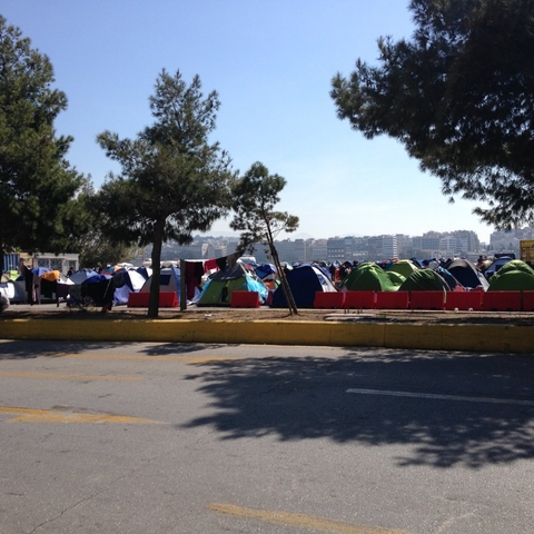 Refugee tents in Piraeus port.