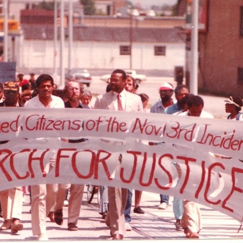 Demonstrators protest the judicial proceedings against suspected White Power activists following the Greensboro massacre of 1979.
