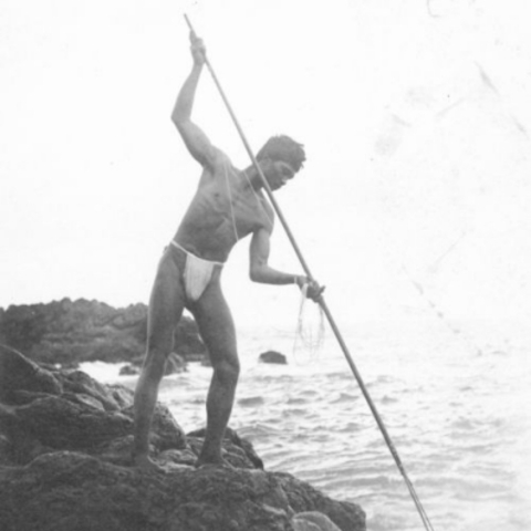 A Hawaiian man employing the spearfishing techniques described by Fagan, circa 1890.