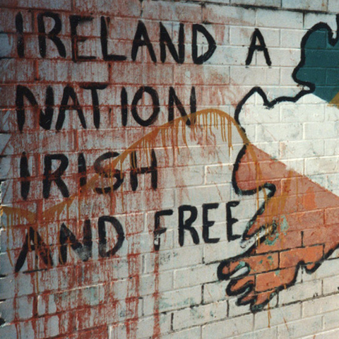 Graffiti reading "Ireland a Nation, Irish and Free"