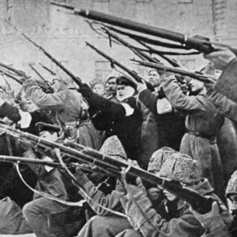 Mutineers in Petrograd during March 1917, shooting upon the Tsar’s police forces.
