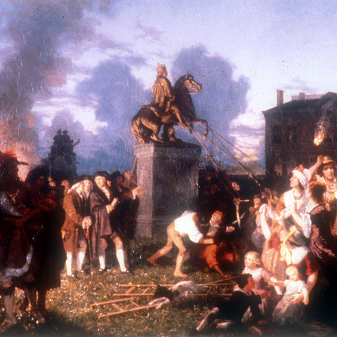 This painting, which dates from 1859, reimagines the toppling of the equestrian statue of George III in New York City. Erected in 1770, the statue featured the regent garbed in Roman military regalia on horseback, in the fashion of Marcus Aurelius. It is doubtful that Native Americans, women and children were in attendance at this episode of iconoclasm by the Sons of Liberty.