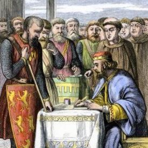 The signing of the Magna Carta at Runnymede, as represented in a nineteenth-century engraving