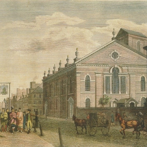 Native Americans tour Philadelphia near the New Lutheran Church, 1800.