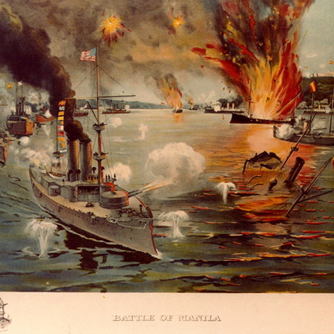 Print depicting the USS Olympia firing on the Spanish fleet during the Battle of Manila Bay on May 1, 1898.