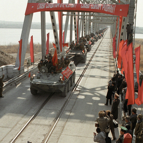 The last Soviet forces leave Afghanistan via Friendship Bridge in February of 1989