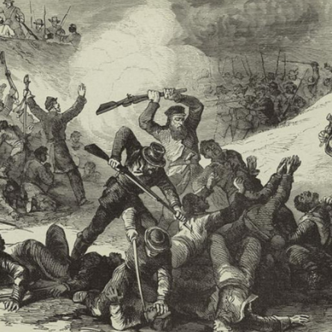 A rendering of the Battle of Fort Pillow, also known as the Fort Pillow Massacre, which was fought on April 12, 1864 in Tennessee.  It ended with a massacre by Confederate soldiers of at least one hundred surrendered black troops serving the Union, exemplifying one of the Civil War's transgressions of the norms of warfare.  