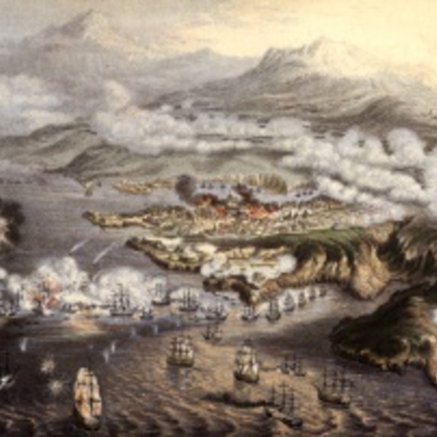 Depiction of the eleven-month-long siege of the Russian naval base at Sevastopol, Crimea, during the Crimean War