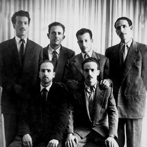 Six founders of the Algerian FLN: Rabah Bitat, Mostefa Ben Boulaïd, Didouche Mourad, Mohammed Boudiaf, Krim Belkacem and Larbi Ben M'Hidi, 1954
