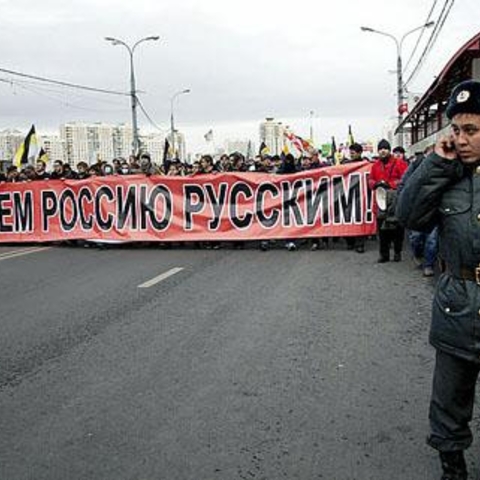 In 2011, thousands of ultra-nationalist demonstrators took to the streets of Moscow, armed with tsarist insignia and shouting the anti-immigrant chant "Let's give Russia back to the Russians!" 