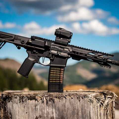 an assault weapon sitting on a wooden post with mountains in the background
