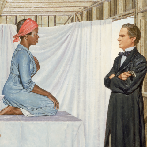 This 1952 illustration by Robert Thom of Sims' gynecological experiments involving enslaved women is part of a larger collection entitled Great Moments in Medicine. 