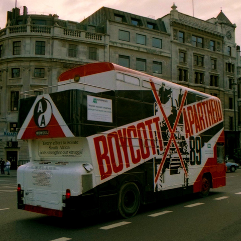 Here, a bus broadcasts the anti-apartheid message to Londoners in 1989.