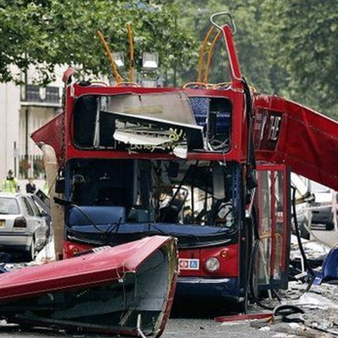 A bus that has been blown up by terrorists